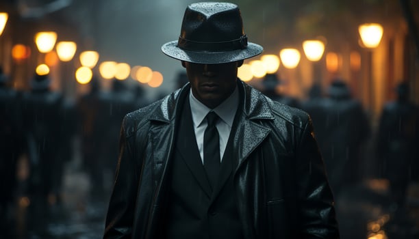 AI generated A confident businessman walks through the dark city at night generated by AI photo