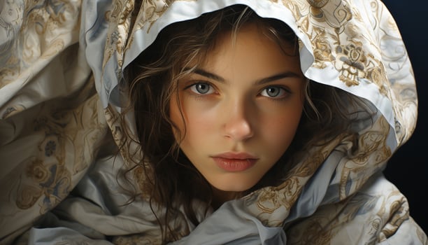 AI generated Beautiful young woman with long brown hair looking at camera generated by AI photo