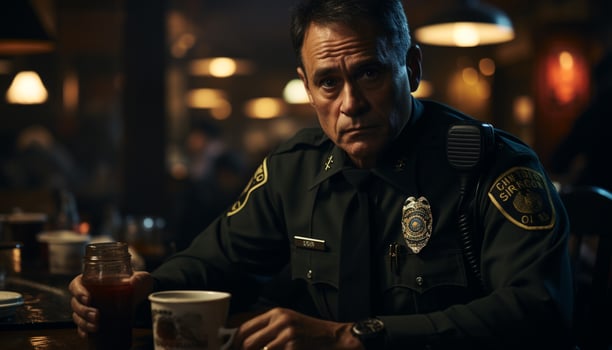 AI generated A serious police officer sitting outdoors, looking at camera generated by AI photo