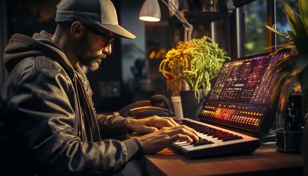 AI generated A young adult musician playing guitar, sitting indoors at night generated by AI photo