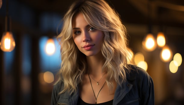AI generated Young woman, confident and beautiful, standing outdoors, looking at camera generated by AI photo