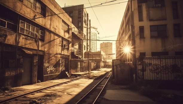 AI generated Old city street, vanishing point, dim sunset, abandoned buildings generated by AI photo