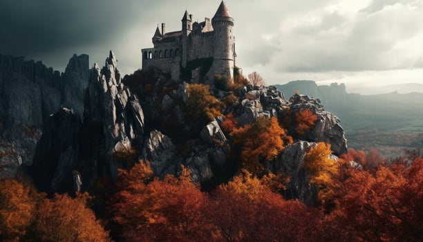 AI generated Majestic mountain peak, ancient ruins, autumn colors, nature beauty generated by AI photo