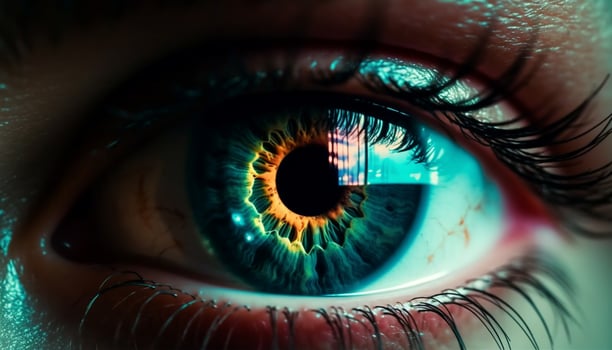 AI generated Close up of a woman blue eye, staring into the camera generated by AI photo