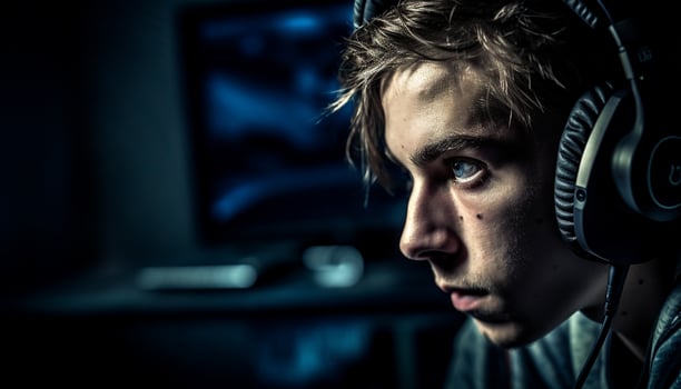 AI generated Young adult man in casual clothing listening to music indoors generated by AI photo