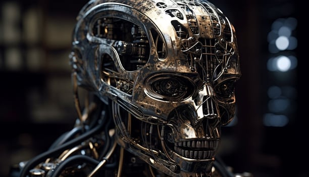 AI generated Futuristic robot skull, death dark portrait, evil machinery in focus generated by AI photo