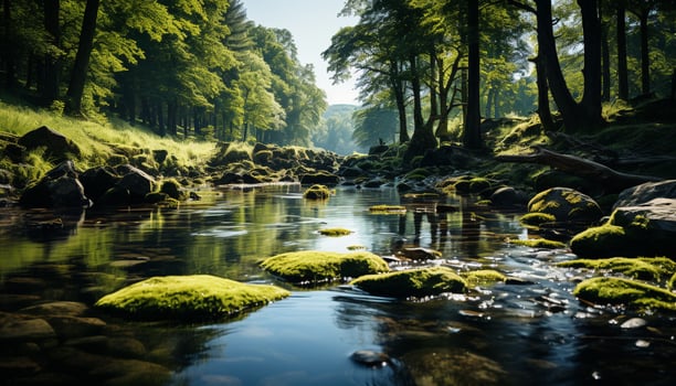AI generated Tranquil scene of a green forest reflecting in water generated by AI photo