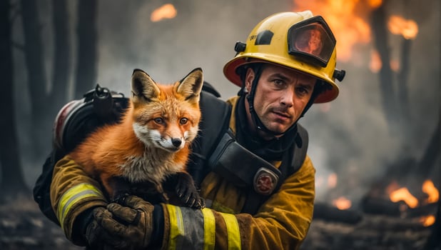 AI generated man firefighter holds a rescued fox in her arms wildlife photo