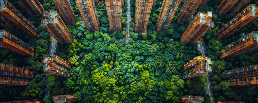 AI generated Aerial view of a city integrating green spaces, bike lanes, and pedestrian paths, exemplifying a shift towards sustainable urban planning. photo