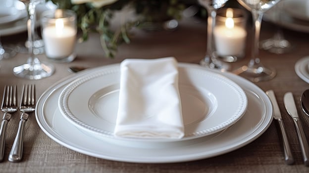 AI generated Elegant table setting with white china, silverware, and napkin ring for fine dining events photo