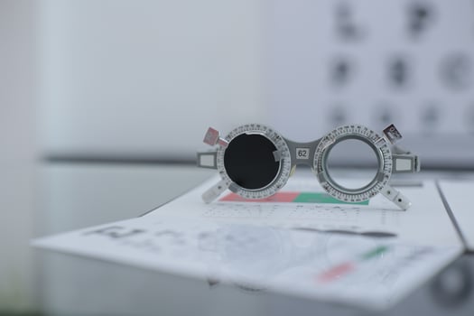 Trial frame eye test, eye exam Phoropter, glasses lenses eye check photo