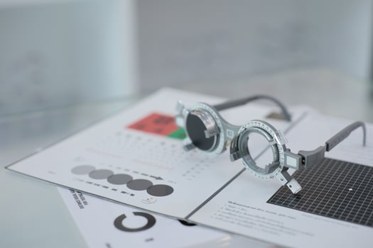 Trial frame eye test, eye exam Phoropter, glasses lenses eye check photo