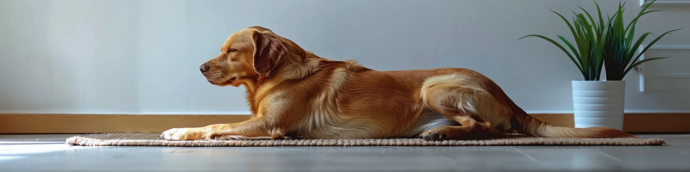 Cute relaxed dog lying on cool mat in hot day , white wall background, summer heat. photo