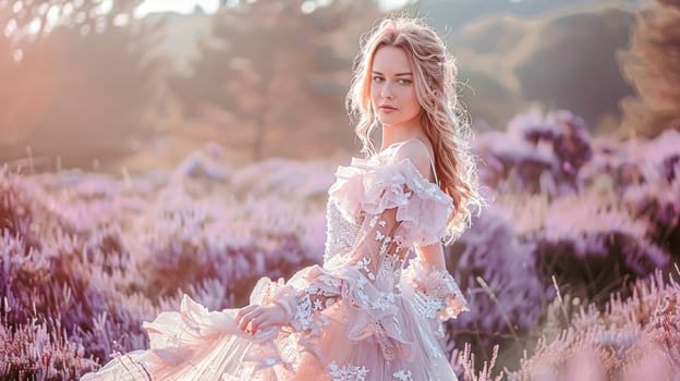 AI generated Woman in ruffle design gown in lavender field at sunset, bridal beauty style campaign, wedding fashion look and glamour hairstyle photo
