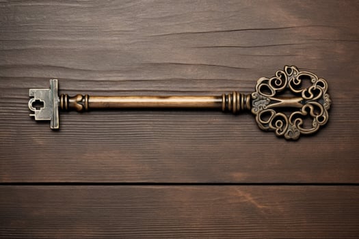 AI generated Old key isolated on wooden background photo