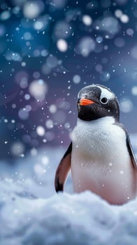 AI generated Winter cuteness Penguin on snowy terrain with room for text Vertical Mobile Wallpaper photo