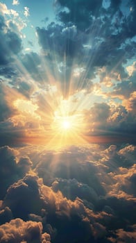 AI generated Celestial beauty Divine rays break through clouds, revealing serene panorama Vertical Mobile Wallpaper photo