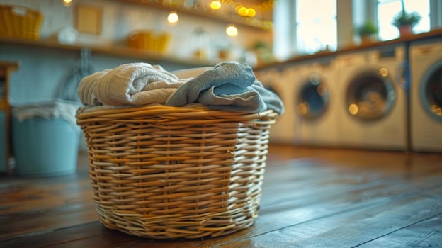 AI Generated In the laundry room, there is a basket full of dirty clothes near the washing machines photo
