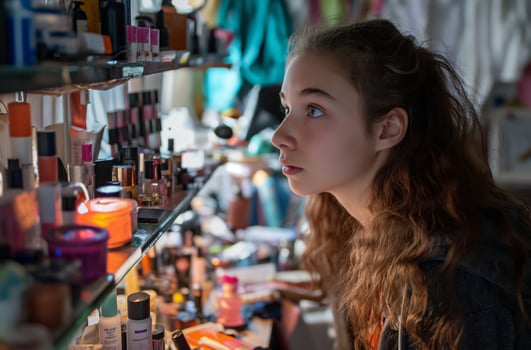 AI generated Teenager looking at cosmetic products photo