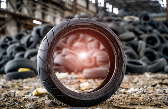 Stack of old black tires lying on the abandoned plant. Landfill of used car wheels in the ruined factory background. Old tire closeup. photo