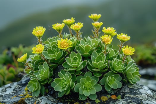 AI generated blooming ucculent plant on rock close up. Natural background. photo