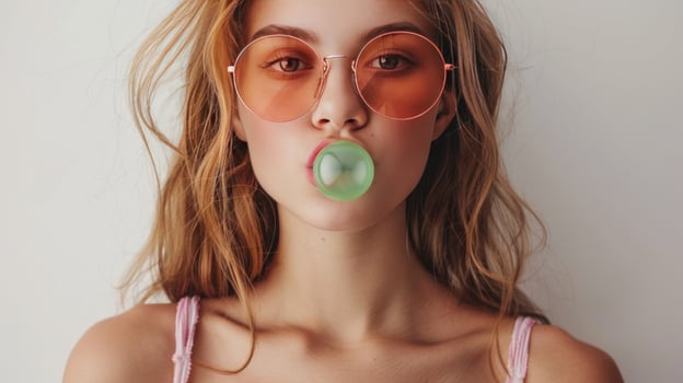 AI generated A stunning fashion model girl, wearing sunglasses, looks amusingly surprised. photo