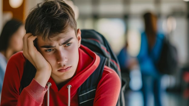 AI generated Portrait of tired teenage boy sitting in corridor of school or university photo