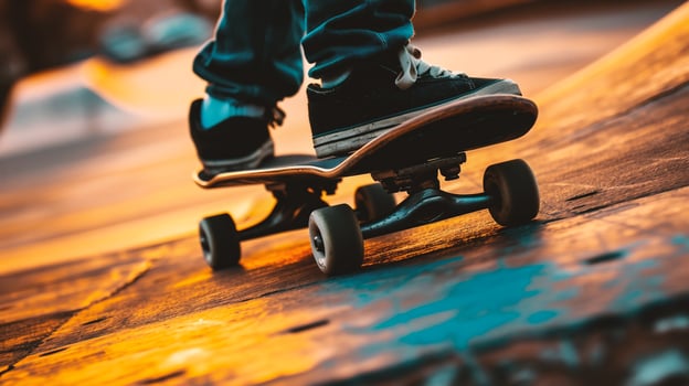 AI generated skateboarder skateboarding at skatepark sunset cityscape background photo