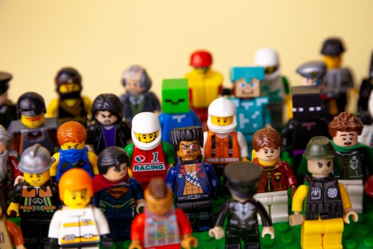 Ukraine, Kyiv - April 3, 2020 Lego figures. The company of friends. Set of little men. The crowd at the rally. photo