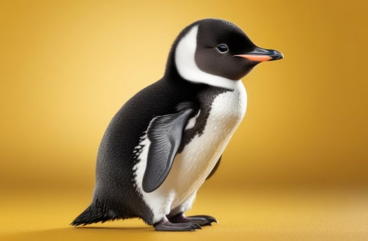 AI generated World Penguin Day, funny little penguin, cute baby bird, yellow background photo