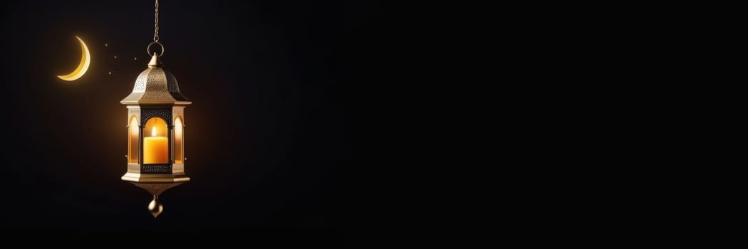 AI generated Eid al-Fitr, holy month of Ramadan, Laylat al-Qadr, suspended Arab lantern fanus, candles, golden crescent and stars, magical atmosphere, dark background, horizontal banner photo