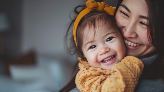 AI generated A joyful Asian toddler daughter embraces her happy mother in a gray setting photo