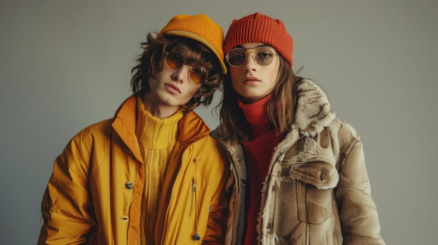 AI generated An image in landscape orientation showcasing a trendy young couple in fashionable autumn outfits against a gray photo