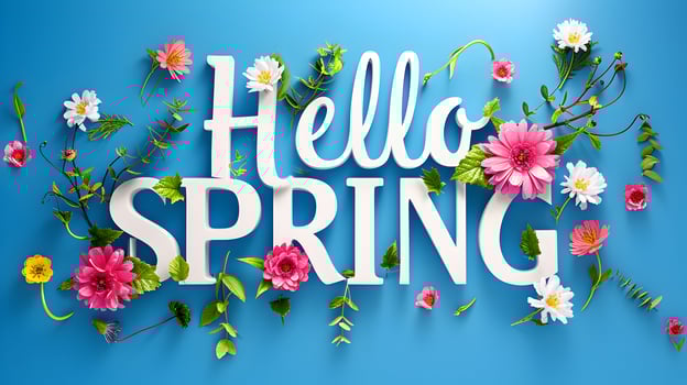AI generated Happy Spring background with colorful greeting and text effect photo