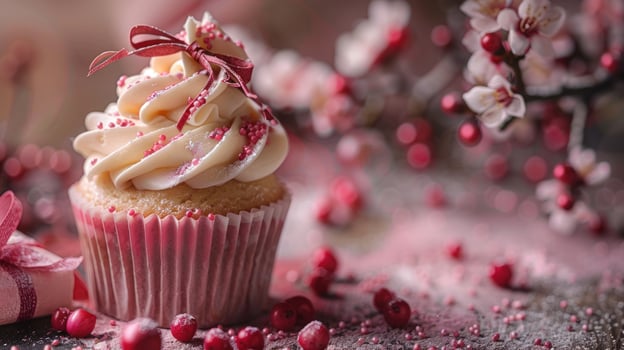 AI generated Cupcake with a gift - Birthday or Holiday Greeting Card photo