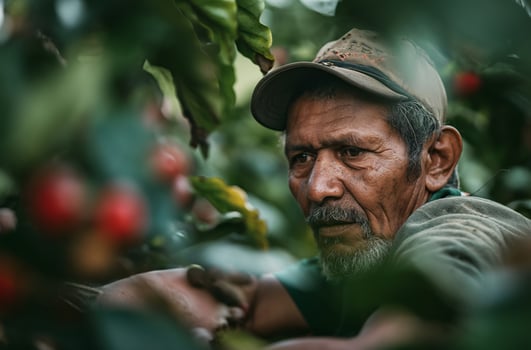AI generated Coffee farmer inspecting plants photo