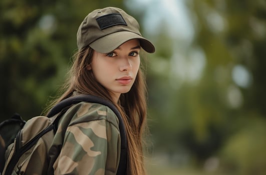 AI generated Female soldier in camo gear photo