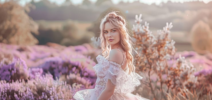 AI generated Woman in ruffle design gown in lavender field at sunset, bridal beauty style campaign, wedding fashion look and glamour hairstyle photo