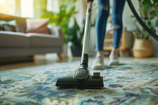 AI generated Woman cleaning the carpet with vacuum cleaner in the living room. Generative AI photo