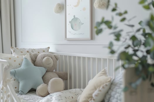 AI generated Cozy crib with decorative cushions standing in cute baby room with posters. Generative AI photo