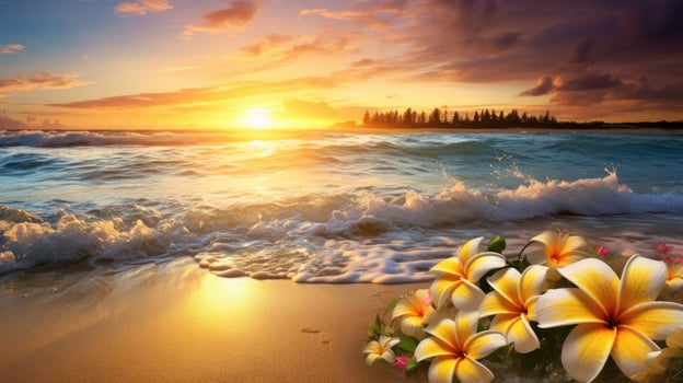 AI generated A golden sunset bathes ocean waves and foam, adorned with tropical frangipani flowers on a sandy beach, Ai Generated. photo