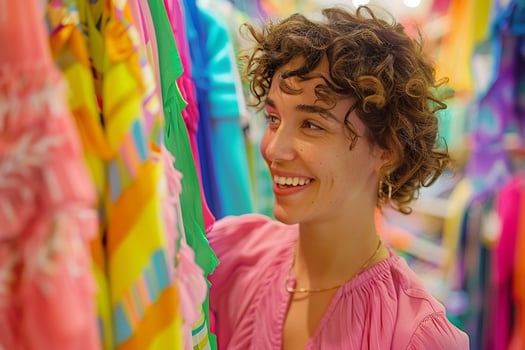 AI generated Young Woman Smiling in Colorful Clothing Store with AI generated. photo