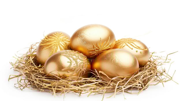 AI generated Easter golden eggs on white background photo
