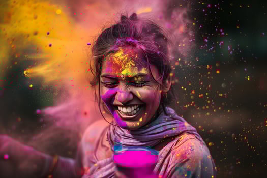 AI generated Cheerful Indian woman covered with colorful powder paint celebrates Holy at Holy festival in India photo