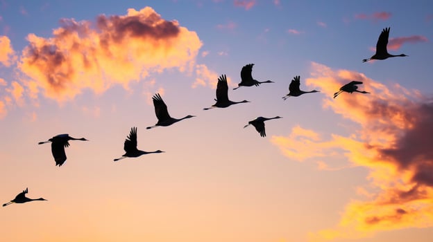 AI generated a flock of migratory birds flies in wedges in the distance in the sunset sky photo