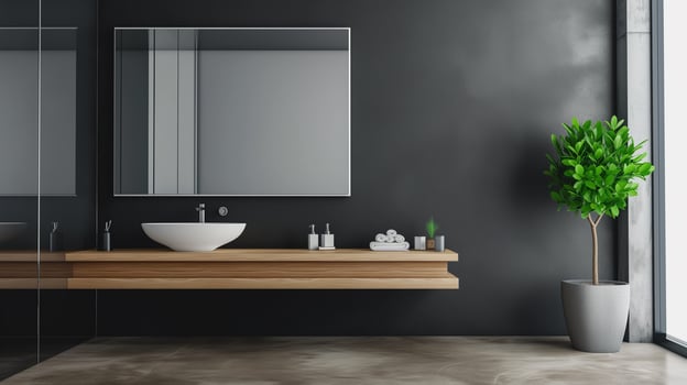 AI generated modern bathroom in gray tones and wooden furniture photo