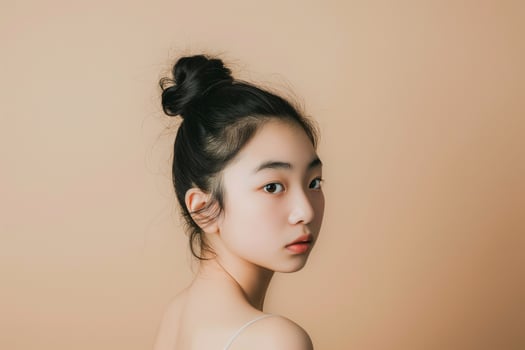 AI generated portrait of a young Asian woman with tied hair on her head and bare shoulders on a beige background photo