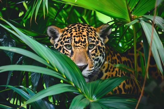 AI generated beautiful jaguar hiding in the tropical forest photo