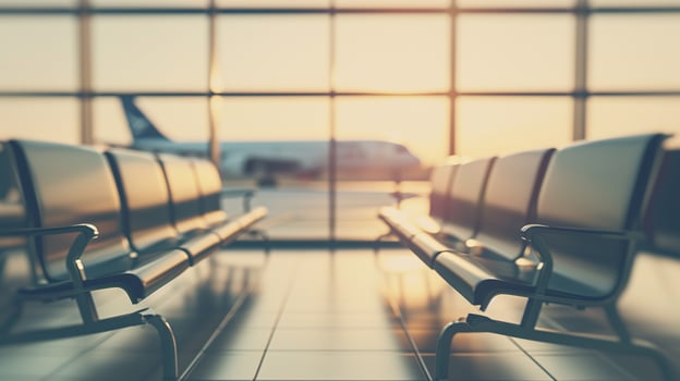 AI generated rows of empty seats in an airport waiting room against a background of a panoramic window overlooking airplanes photo