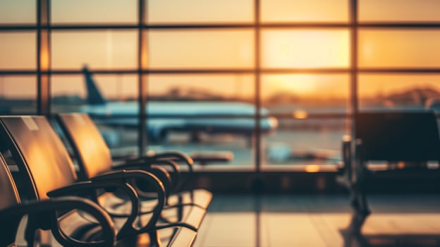 AI generated rows of empty seats in an airport waiting room against a background of a panoramic window overlooking airplanes photo